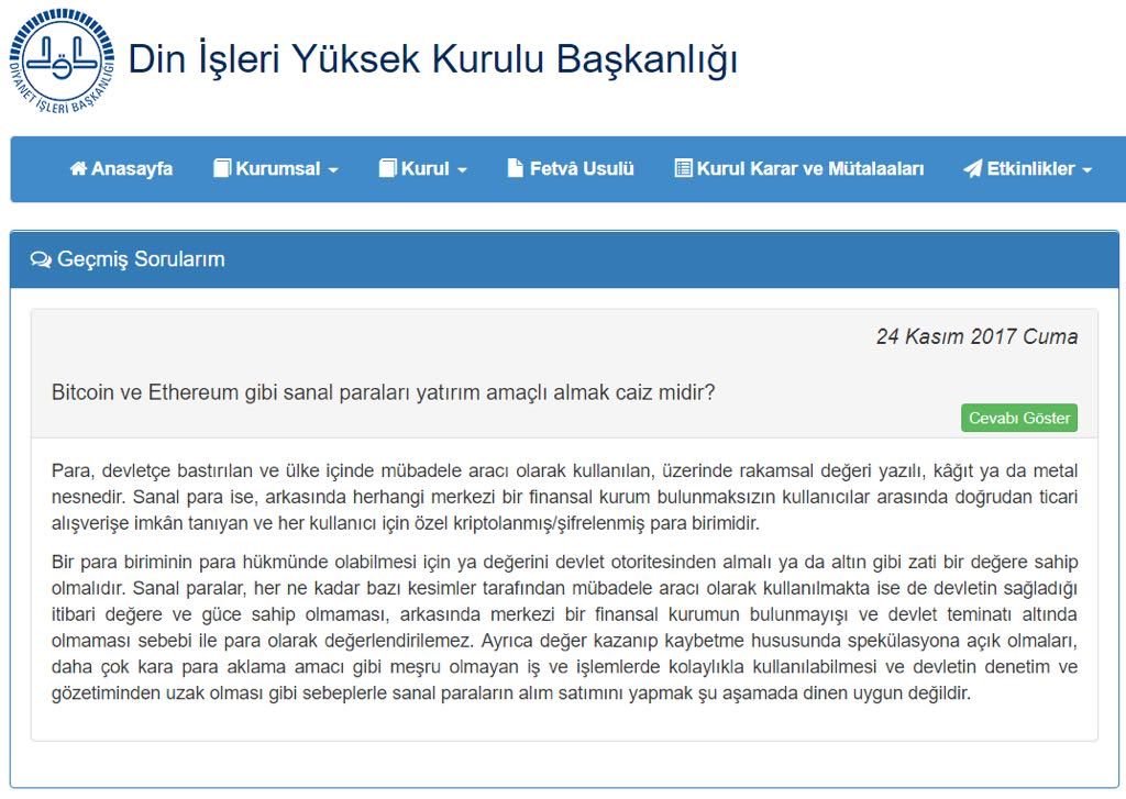 Turkey Religious Authority: Bitcoin 