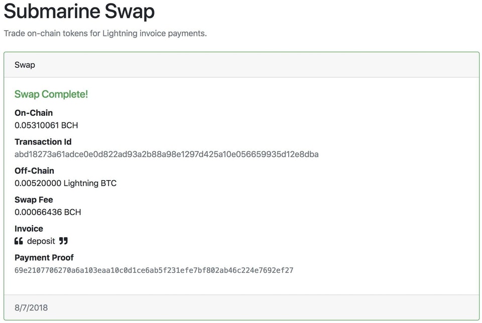 On-Chain BCH Used in a Submarine Swap for off-Chain BTC