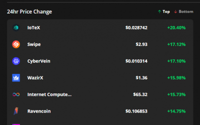 Swipe, IoTeX and CyberVein lead altcoins higher after Bitcoin hits $46K