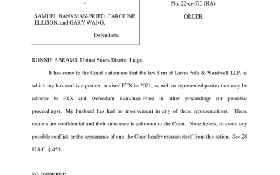 Judge pulls out of SBF-FTX case citing husband’s law firm’s advisory link