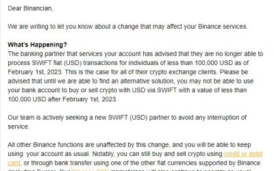 Binance SWIFT banking partner set to ban USD transfers below $100K