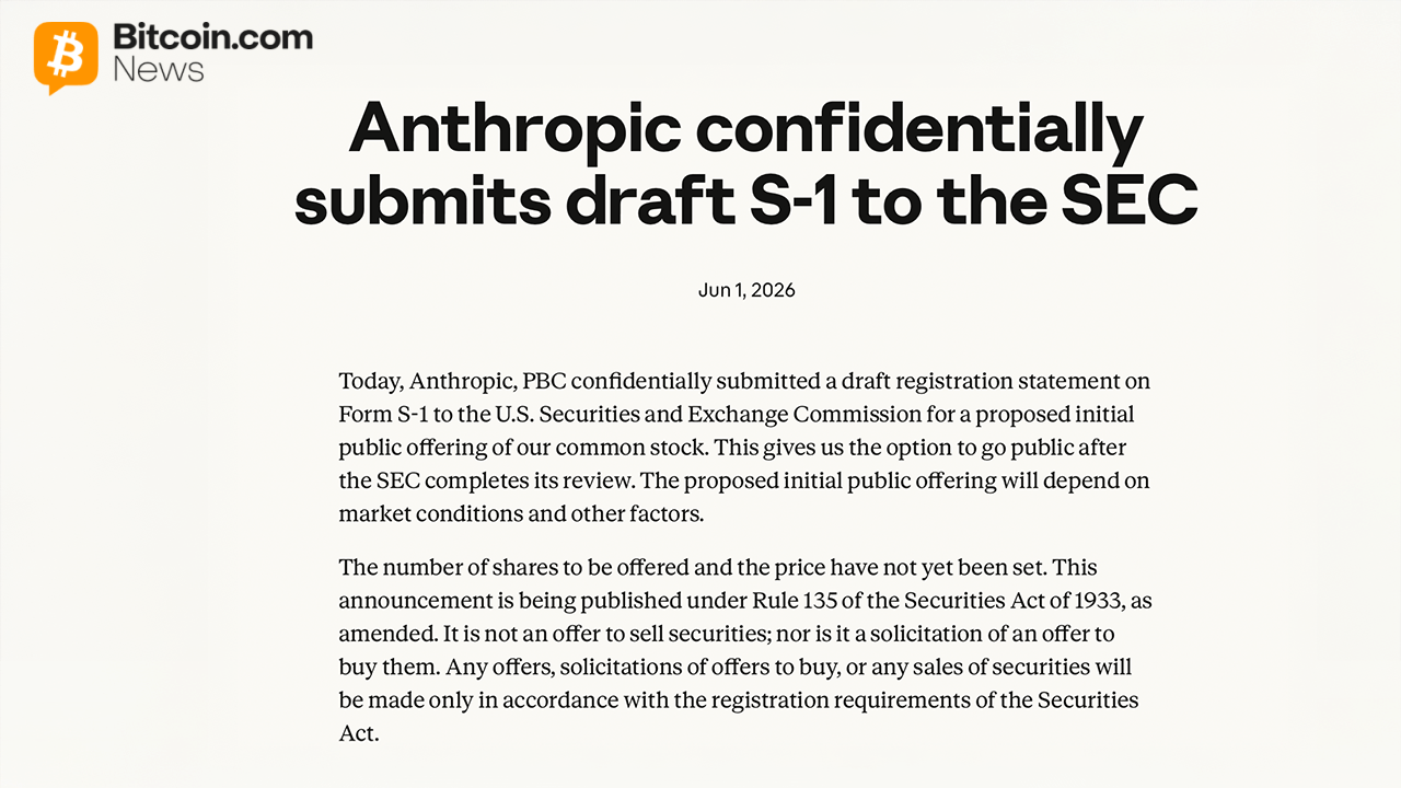 Anthropic Files Confidential S-1 With SEC, Targets IPO at $965B Valuation – Bitcoin News