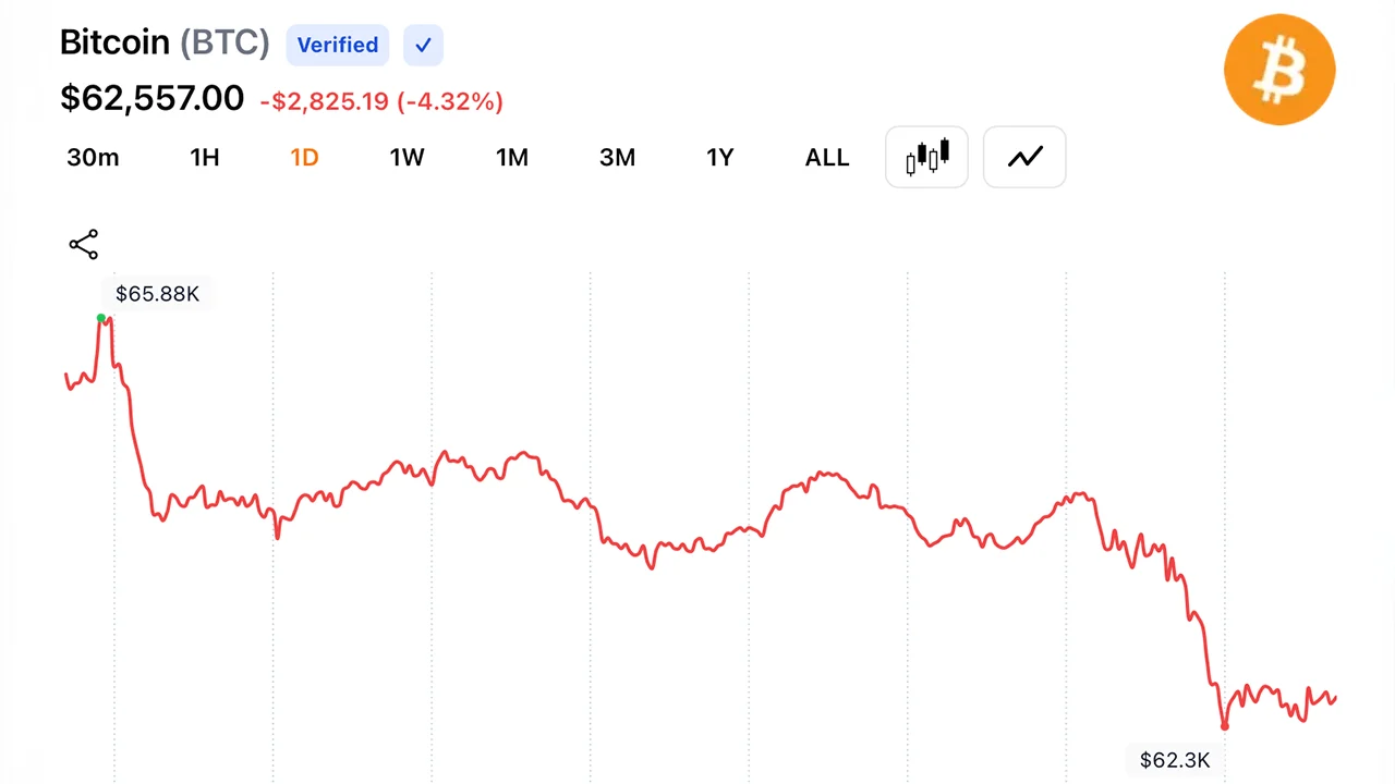 Bitcoin Slides to $62k as Traders Dump Risk, Wiping out Iran Peace Rally Gains