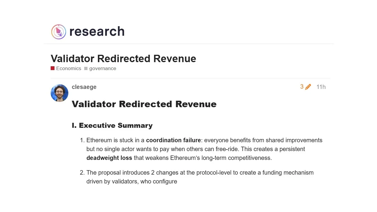 Ethereum Infrastructure Funding: Kleros Founder Proposes Protocol-Level Validator Redirect Rate