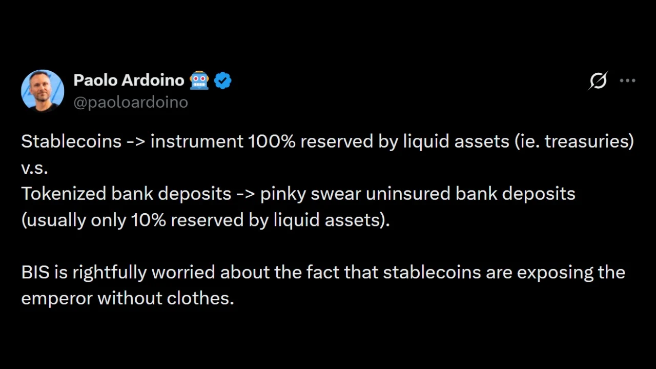 Tether CEO Slams BIS Over Tokenized Bank Deposit Push
