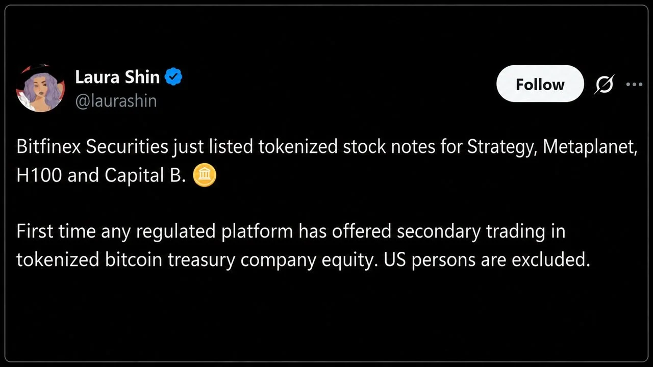 Bitfinex Puts Strategy, Metaplanet Stock Onchain in Tokenized First